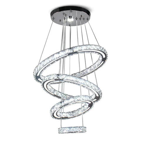 LED Crystal Chandelier With 4 Ring Design, Modern Stainless Steel Pendant Light, Adjustable Length Up To 47 Inches