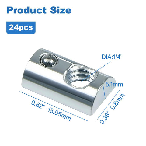 Close-up view of a 24-Pack 1-4-20 Threaded Roll-In T-Nut with ball spring. Zinc carbon steel, size 0.62 x 0.38 inches.