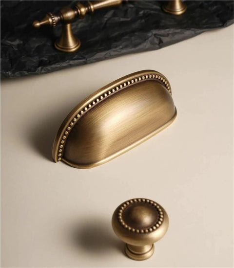 Vintage Cabinet Pulls 2 Pack Antique Brass Crown Shape Handles for cabinets and drawers, solid metal, retro charm, 96mm spacing.