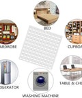 Clear Self Adhesive Rubber Bumpers, 3/8 Inch Hemispherical Noise Dampening Cushions, 100 Pack shown with home furnishing examples.