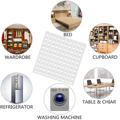 Clear Self Adhesive Rubber Bumpers, 3/8 Inch Hemispherical Noise Dampening Cushions, 100 Pack shown with home furnishing examples.