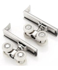 Heavy Duty Hella Durable Double Wheel Sliding Door Rollers Zinc Alloy Track Pulleys close-up of two wheel pulleys and metal track.