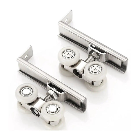 Heavy Duty Hella Durable Double Wheel Sliding Door Rollers Zinc Alloy Track Pulleys close-up of two wheel pulleys and metal track.
