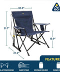 Kickback Rocker Camping Chair with dimensions, durable armrests, drink holder, easy carry strap, Loden Green.