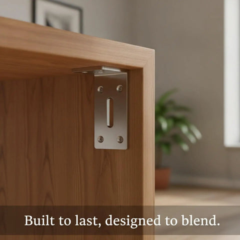 Beefy Heavy Duty Stainless Steel L Bracket for furniture repair attached to a wooden desk corner, 3.3 x 2.2 inches