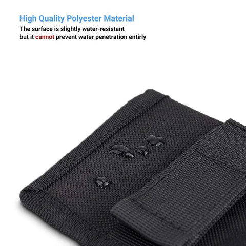 Close-up of DSLR Battery And Memory Card Holder Pouch with water droplets on polyester material, highlighting durability.