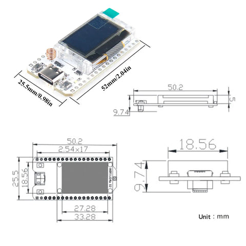 Dimensions diagram of Beast IoT Dev Board With WiFi LoRa And BLE For 915MHz And 868MHz Band SX1262 Module Type C USB 0.96 Inch OLED Display