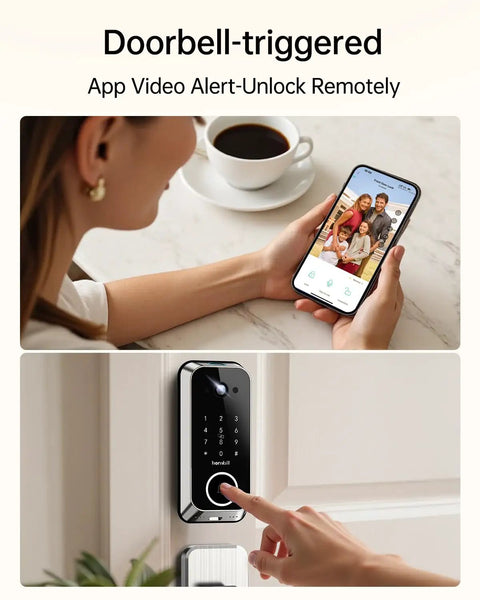 No Sweat Smart Front Door Lock With 2K HD Camera Video Doorbell Kit, Fingerprint Keyless Entry Wifi Deadbolt, Bluetooth App Remote, Big Time Security, Auto Lock And Satin Nickel Finish