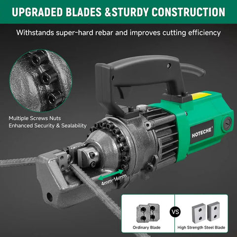 Heavy Duty 5/8 Inch Electric Hydraulic Rebar Cutter Machine showing blades and motor specifications for efficient steel cutting.