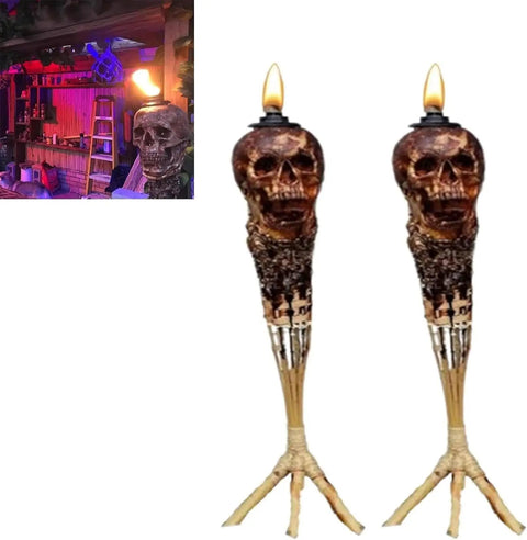 Skull Tiki Torch Set For Halloween Yard Decor, Handcrafted Skull Pattern Outdoor Lights, Weather Resistant Patio Lanterns, Two Pack