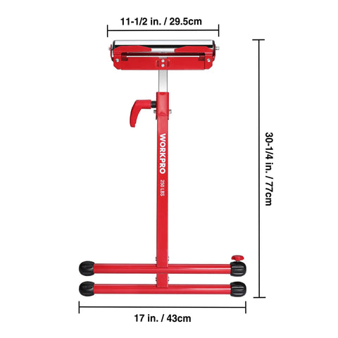 Side view of a red Folding Roller Stand Height Adjustable For Woodworking, Heavy Duty 250 Lb Load Capacity, Portable Lightweight Design