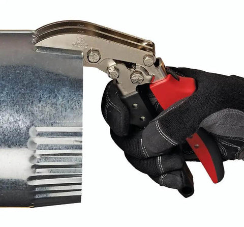 Offset Five Blade Duct Crimper For Tight Quarters And Overhead Runs One And Five Eighths Inch Double Crimp HVAC Duct Tool With Ergonomic Non Slip Handles One Hand Operation Easy Leverage Built Tough Made In USA used on duct