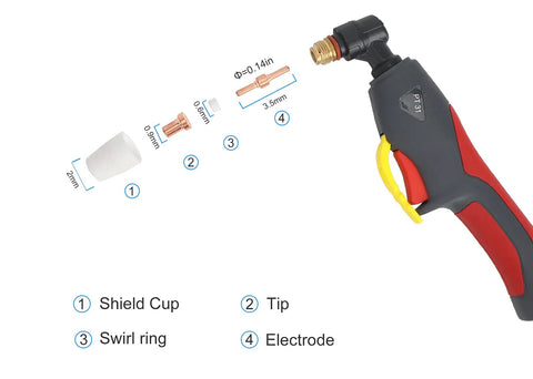 110 Pcs PT31 Plasma Cutter Consumables Kit with labeled shield cup, swirl ring, tip, and electrode for torch installation.