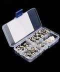 Grease Fittings Kit With 60 Metal Zerks For Spokes And Spoke Nipples in plastic case, assorted angles for easy lubrication.