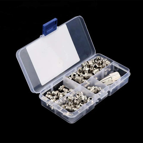 Grease Fittings Kit With 60 Metal Zerks For Spokes And Spoke Nipples in plastic case, assorted angles for easy lubrication.