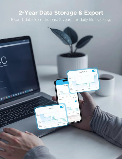 Indoor Hygrometer And Thermometer With Bluetooth App Control, Real Time Temperature And Humidity Readouts, Remote Monitoring And Graphs, Easy Setup, Totally Great For Home, Greenhouse, And Office on phone and laptop