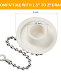 Heavy Duty Rubber Tub Stopper With Fifteen Inch Stainless Steel Beaded Chain Fits 1.5 To 2 Inch Drains displayed with sizing.