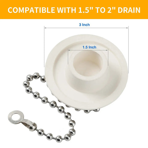 Heavy Duty Rubber Tub Stopper With Fifteen Inch Stainless Steel Beaded Chain Fits 1.5 To 2 Inch Drains displayed with sizing.
