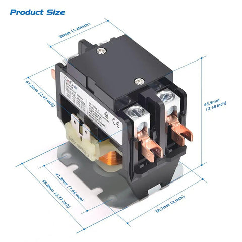 2 Pole Air Conditioner Contactor, 40 Amp 240V Coil, Built Tough HVAC Contactor For Condenser And Compressor, 600VAC Compatible, Reliable Electrical Switch For Cooling Systems with dimensions.