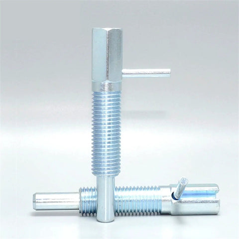 Heavy Duty Stainless Steel Indexing Plunger With Coarse Thread Screw Lever Locking Pin, M16 fit, close-up view, showcasing sturdy design.