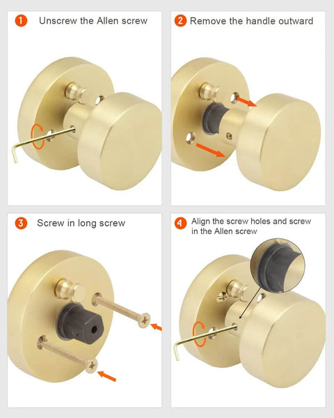 Step-by-step installation of Brushed Gold Privacy Door Knobs Set, Heavy Duty Zinc Alloy Interior Door Knobs for Bedroom and Bathroom