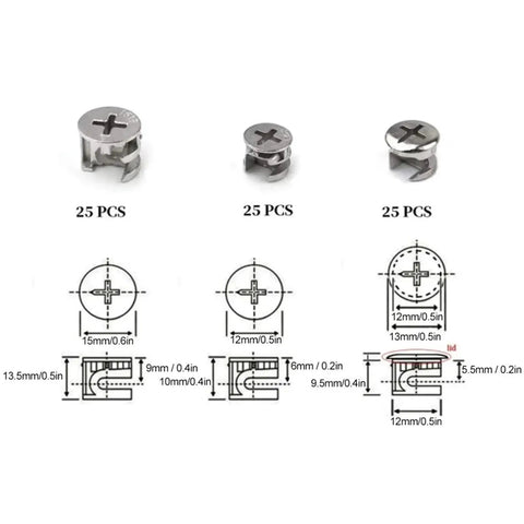 Rock Solid Cam Locks For Furniture Kit With Zinc Alloy Construction 150 200 Pcs Multi Size diagram showing dimensions