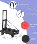 Jogtlyer folding hand truck with extendable handle, four-wheel dolly and dual bungee cords on a textured black base.