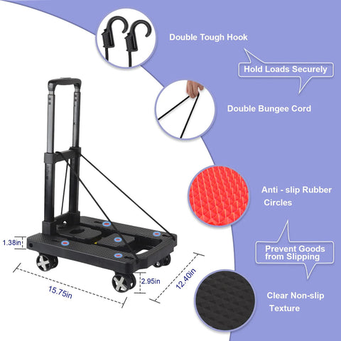 Jogtlyer folding hand truck with extendable handle, four-wheel dolly and dual bungee cords on a textured black base.