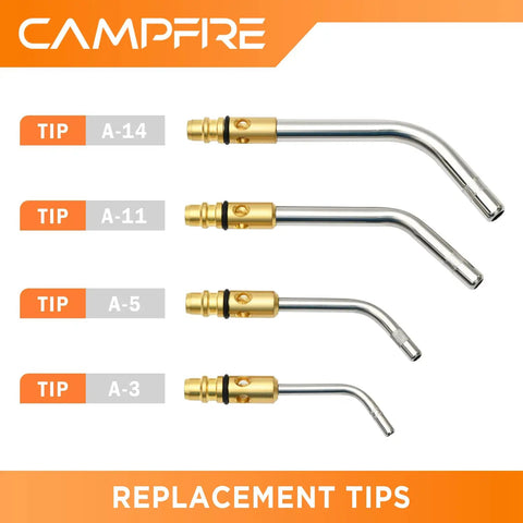 Air Acetylene Torch Kit With Tool Bag Turbo Torch Workhorse High Heat Brazing Tool replacement tips shown in different sizes