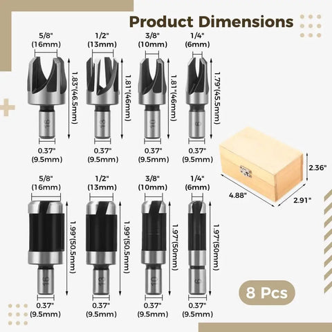 Premium Eight Piece Wood Plug Cutter Set Featuring Four Straight And Tapered Cork Drill Bits Heavy Duty Carbon Steel Gear dimensions and sizes