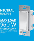 Z Wave Plus Gen7 Illumino On Off Wall Switch V2 for Smart Home Lighting Control, white, with neutral wire required and max load info displayed.