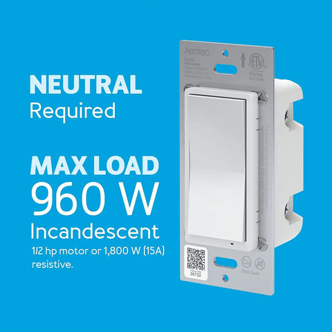 Z Wave Plus Gen7 Illumino On Off Wall Switch V2 for Smart Home Lighting Control, white, with neutral wire required and max load info displayed.
