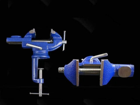 360 Degree Rotating Bench Vise For Woodworking And DIY, 2.5 Inch Cast Iron Table Vise Clamp, Heavy Duty Grip With 0 To 2.5 Inch Jaw Opening, Built Tough For Hobbyists And Makers. Blue cast iron bench vise shown from side and front views