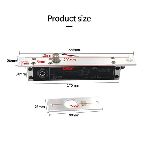 Heavy Duty DC12V Electric Mortise Gate Drop Bolt Lock dimensions, showing size measurements on a detailed diagram.