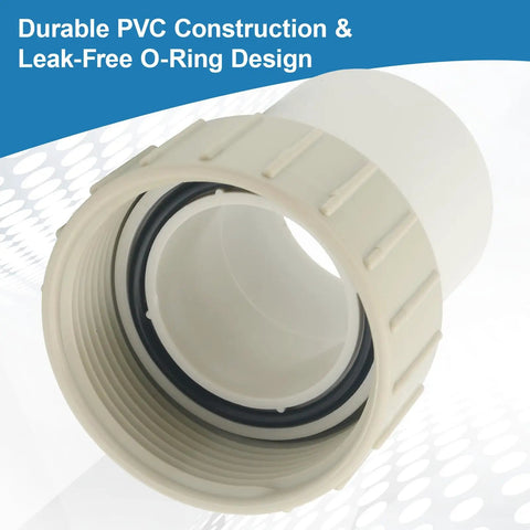 Close-up of 2 Pack Union Replacement Kit with inlet and outlet fittings, nuts and O rings for pool and spa pumps, PVC material.