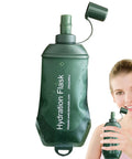 Foldable TPU Water Pouch Bottle for Outdoor Hydration Leakproof and Refillable Soft Flask with Open Cap and Smiling Woman