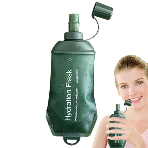 Foldable TPU Water Pouch Bottle for Outdoor Hydration Leakproof and Refillable Soft Flask with Open Cap and Smiling Woman