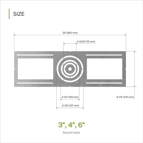 Universal New Construction Recessed Light Mounting Plate For 3 4 6 Inch LED Fixtures With Round Hole, size dimensions diagram