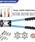 Pro Grade Battery Cable Crimping Tool With Cutter And Rotatable Jaw Six Crimp Sizes 10 8 6 4 2 1 AWG on display with accessories