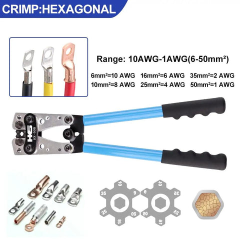 Pro Grade Battery Cable Crimping Tool With Cutter And Rotatable Jaw Six Crimp Sizes 10 8 6 4 2 1 AWG on display with accessories