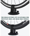 Close-up of rear suction cup holding a mountain bike wheel for Suction Cup Car Roof Bike Rack With Quick Release, Aluminum Alloy Bike Carrier