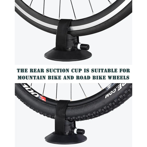 Close-up of rear suction cup holding a mountain bike wheel for Suction Cup Car Roof Bike Rack With Quick Release, Aluminum Alloy Bike Carrier