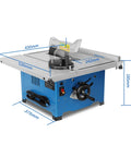 Bad Boy 8 Inch Mini Table Saw Electric Power Tool A Real Game Changer For Home Workshops Built Like A Tank With Dust Shroud And Overload Safety For Dead On Cuts Every Time, blue metal body with dimensions marked.