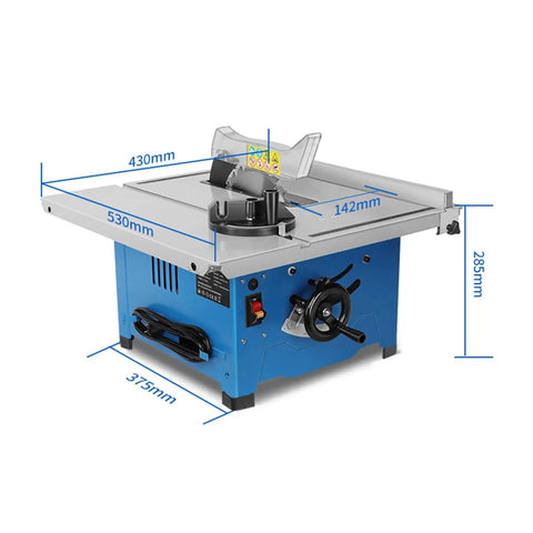 Bad Boy 8 Inch Mini Table Saw Electric Power Tool A Real Game Changer For Home Workshops Built Like A Tank With Dust Shroud And Overload Safety For Dead On Cuts Every Time, blue metal body with dimensions marked.
