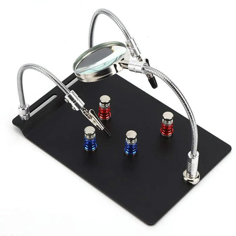 Go-To Magnetic Helping Hand With Four PCB Pillars And Three Magnifying Lamps, Flexible Arm Soldering Stand on workbench