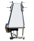 Heavy Duty Industrial Flat Conveyor Belt Built Like A Tank With Adjustable Guardrails Stainless Steel Frame Variable Speed Motor, top view.