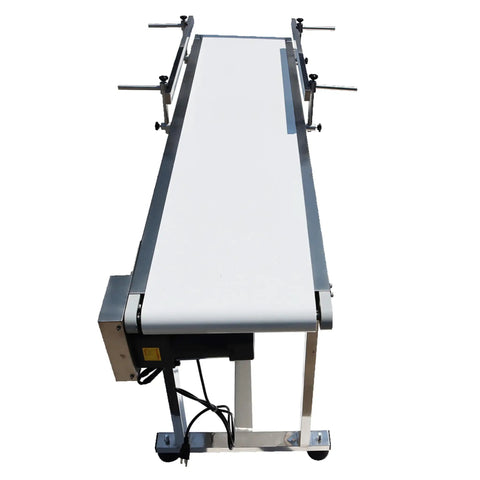 Heavy Duty Industrial Flat Conveyor Belt Built Like A Tank With Adjustable Guardrails Stainless Steel Frame Variable Speed Motor, top view.