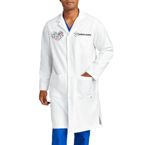 Person wearing Embroidered Lab Coat For Medical Pros Unisex Fit Go-To Everyday Workwear With Personalization Premium Quality