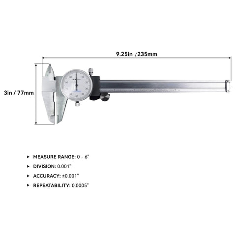 0 To 6 Inch Imperial Dial Calipers With Four Way Measurements, 0.001 Inch Precision, Shock Proof Stainless Steel Caliper With Smooth Sliding
