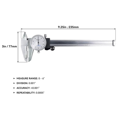 Pro Grade 0-6 Inch Stainless Steel Dial Caliper With Four Way Imperial Measurements, Shock Proof, Accurate To 0.001 Inch, 0.0005 Inch Resolution, Knurled Thumb Roller And Locking Screw